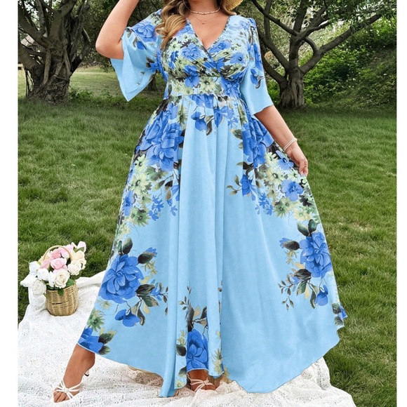 Plus Floral Print V neck 1/2 Sleeve Flared Ruffle Hem Maxi Dress - Picture 2 of 5